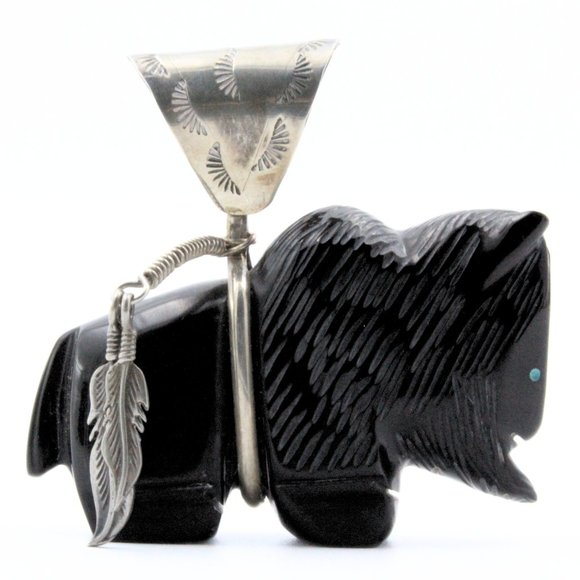 Vintage Zuni Buffalo Fetish Sculpted Onyx 2" Large Sterling Silver Pendant - Picture 1 of 9